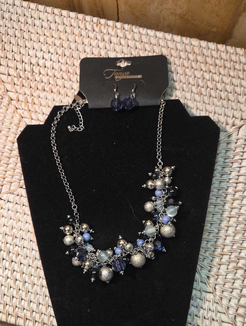 Silver-Tone Blue Cluster Necklace and Earrings Set